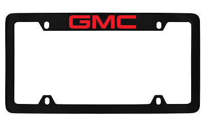 GMC Red Logo Black Coated Metal Top Engraved License Plate Frame Holder
